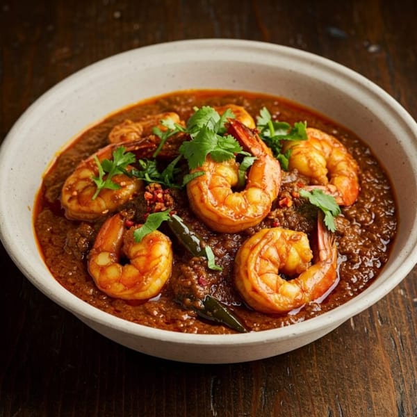 A bowl of India Grill's shrimp curry, garnished with fresh cilantro, on a wooden table.